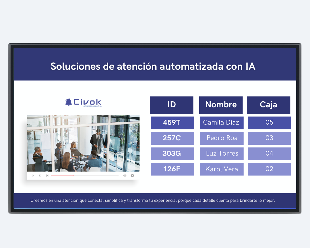 Pantalla de gestión de turnos con visualización digital en tiempo real