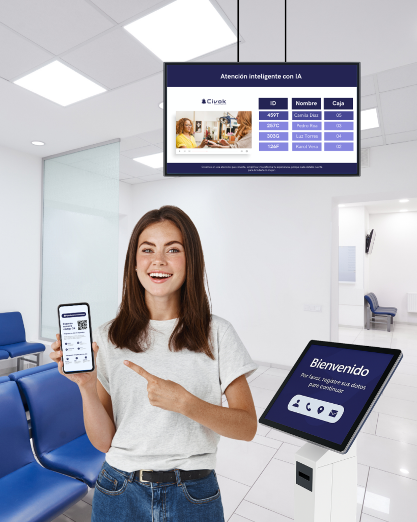 Sistema de turno digital Civok con kiosco, pantalla y gestión inteligente de atención al usuario