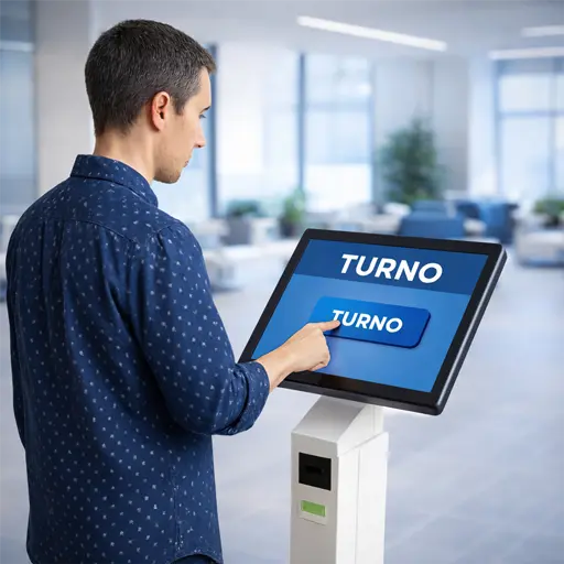 Kiosko interactivo, solicitud de turno digital, autoservicio con pantalla táctil